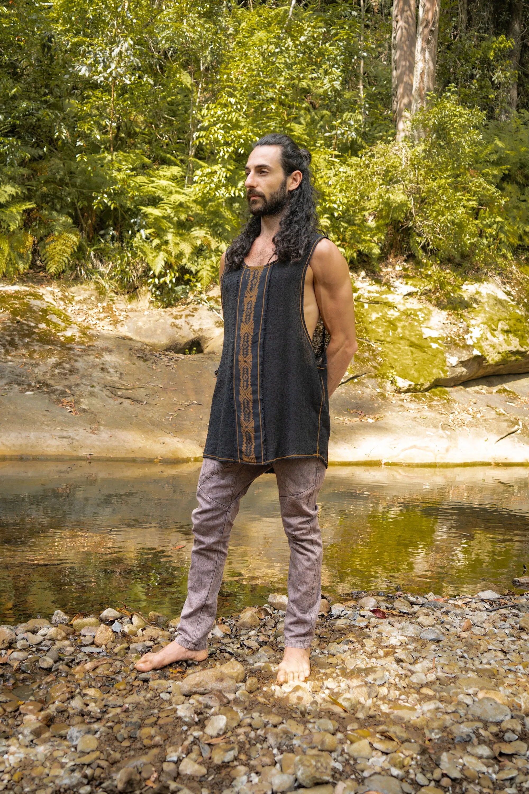 KAZA Mens Black Tank Top Sleeveless Yoga Deep Cut Breathable Semi See-through Cotton Tribal Pattern Block Printed Festival Ceremonial AJJAYA sold by Ajjaya product image thumbnail 3