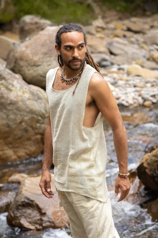 TAKU Mens Tank Top Beige Tribal Asymmetric Natural Netted Cotton Breathable Loose Free Flow Festival Plant Based Dyed Muscle Shirt AJJAYA sold by Ajjaya