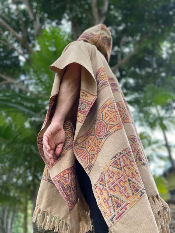 Mens Hooded Poncho Long Cinnamon Brown Cashmere Wool Tribal Embroidery, Large Hood, Pockets, Hippie, Primitive, Gypsy, Boho festival AJJAYA sold by Ajjaya