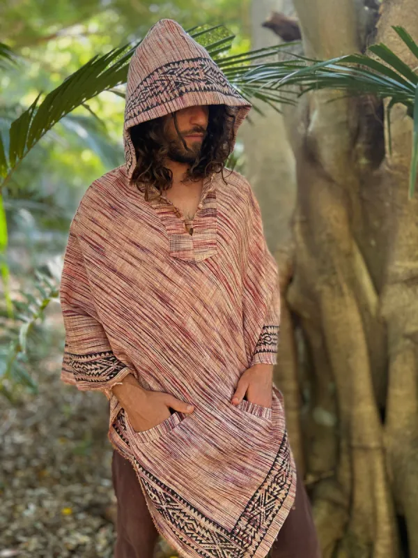 EUROKA Mens Hooded Khadi Cotton Vegan Poncho with hood Brown Red ethnic block printed patterns gypsy festival ceremony ritual tribal AJJAYA sold by Ajjaya