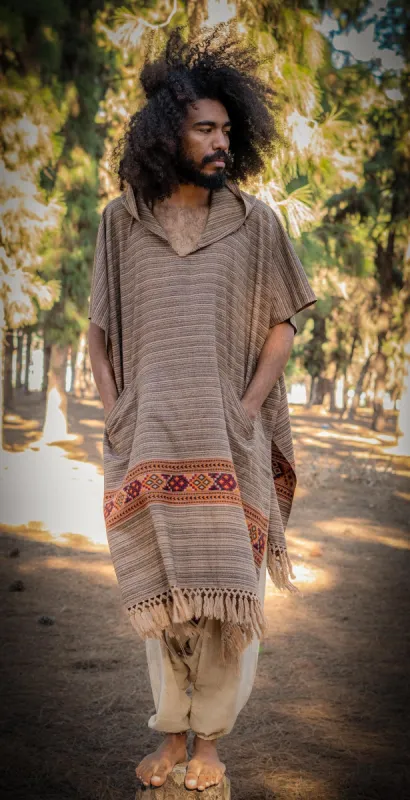 JHANA Mens Hooded Poncho Long Mocca Brown YAK and Acrylic Wool with Tribal Embroidery Hood Pockets Hippie Primitive Boho Mexican AJJAYA sold by Ajjaya