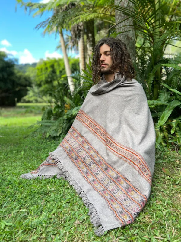 SAMADHI Meditation Prayer Shawl Rhino Grey Blanket Cosy Cashmere Yak Wool Tibetan Lahsa Winter Tribal Celtic Embroidery Boho Zen AJJAYA sold by Ajjaya