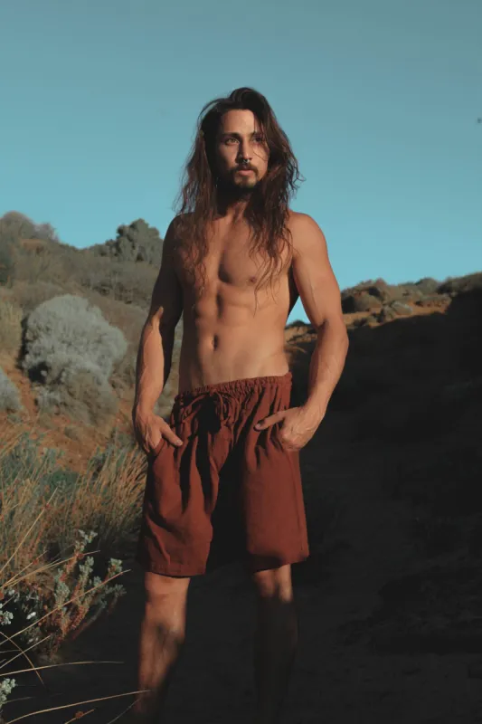 YUGINI Maroon Short Pants Loose Comfortable Mens Shorts with Pockets Natural Cotton Plant Dyed Yoga Workout Ninja Gypsy Festival Gym AJJAYA sold by Ajjaya