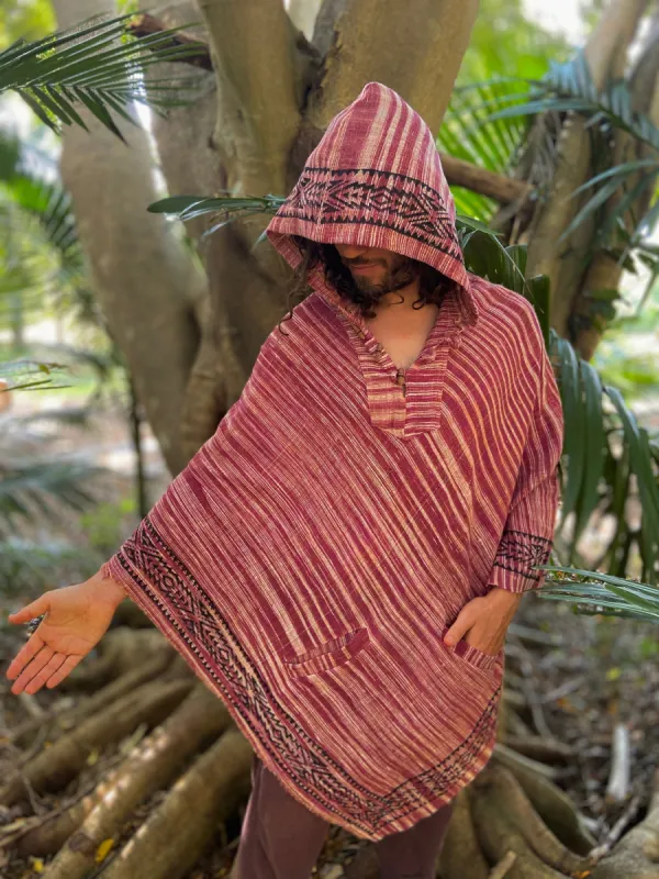 EUROKA Mens Hooded Khadi Cotton Vegan Poncho with hood Red Beige ethnic block printed patterns gypsy festival ceremony ritual tribal AJJAYA sold by Ajjaya