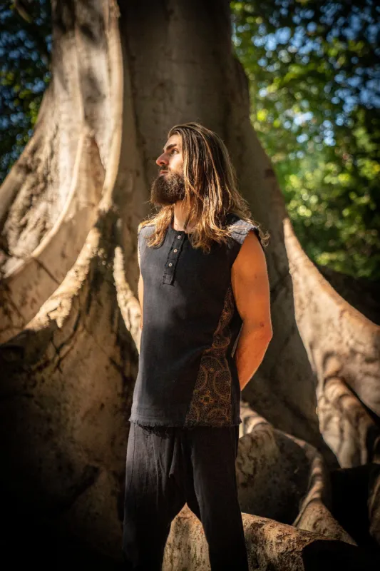 Mens Tank Top Neo SHIPIBO Black  Gypsy Sleeveless Earthy T Shirt, Open Neck Tribal Jungle Primitive Festival Rave AJJAYA Nomadic Primitive made by Ajjaya