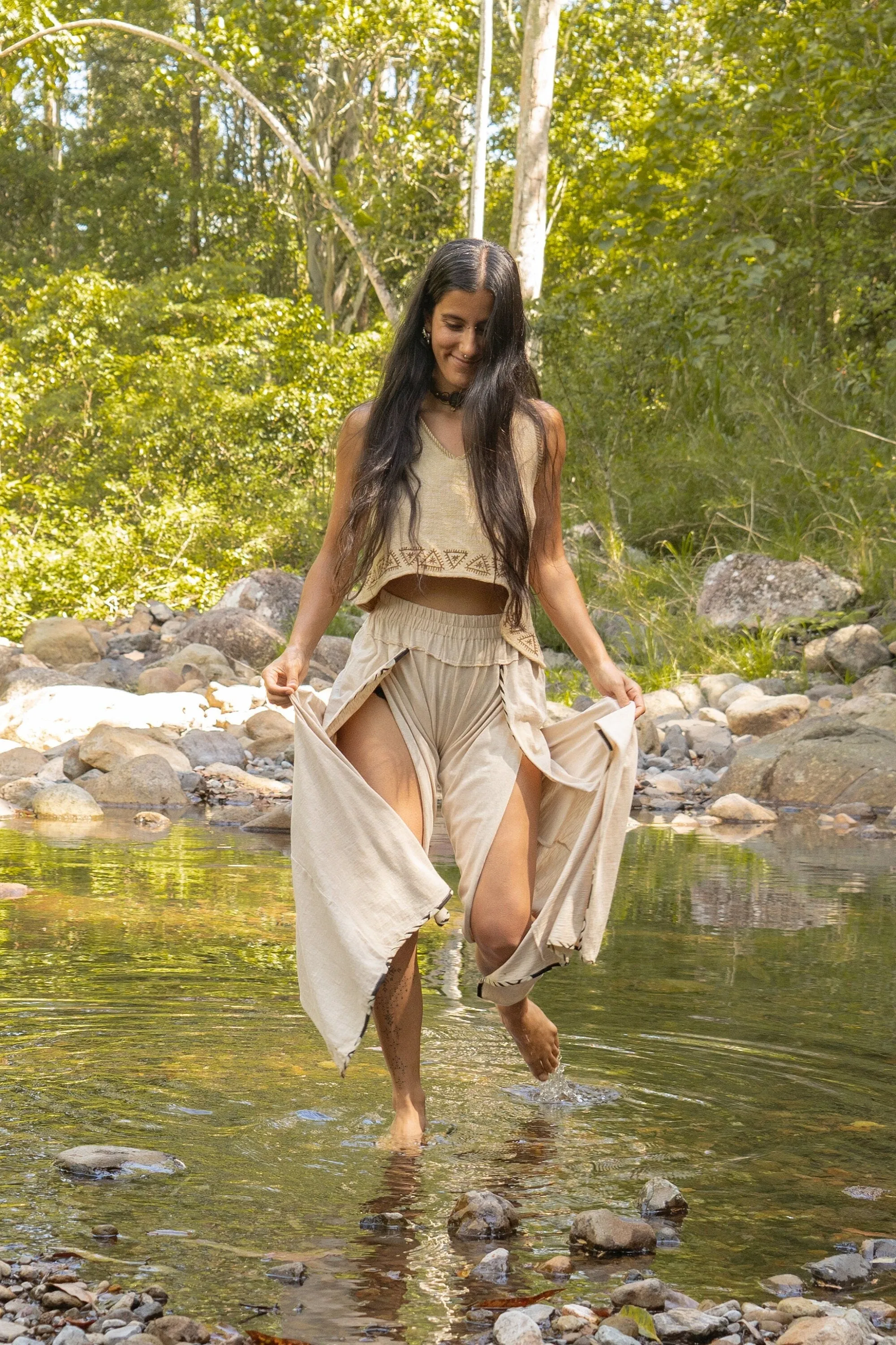 YANA Womens Pants Beige Slit Open Side, Goddess Belly Dance Natural Soft Cotton Flow Yoga Boho Pixie Fairy Tribal AJJAYA sold by Ajjaya