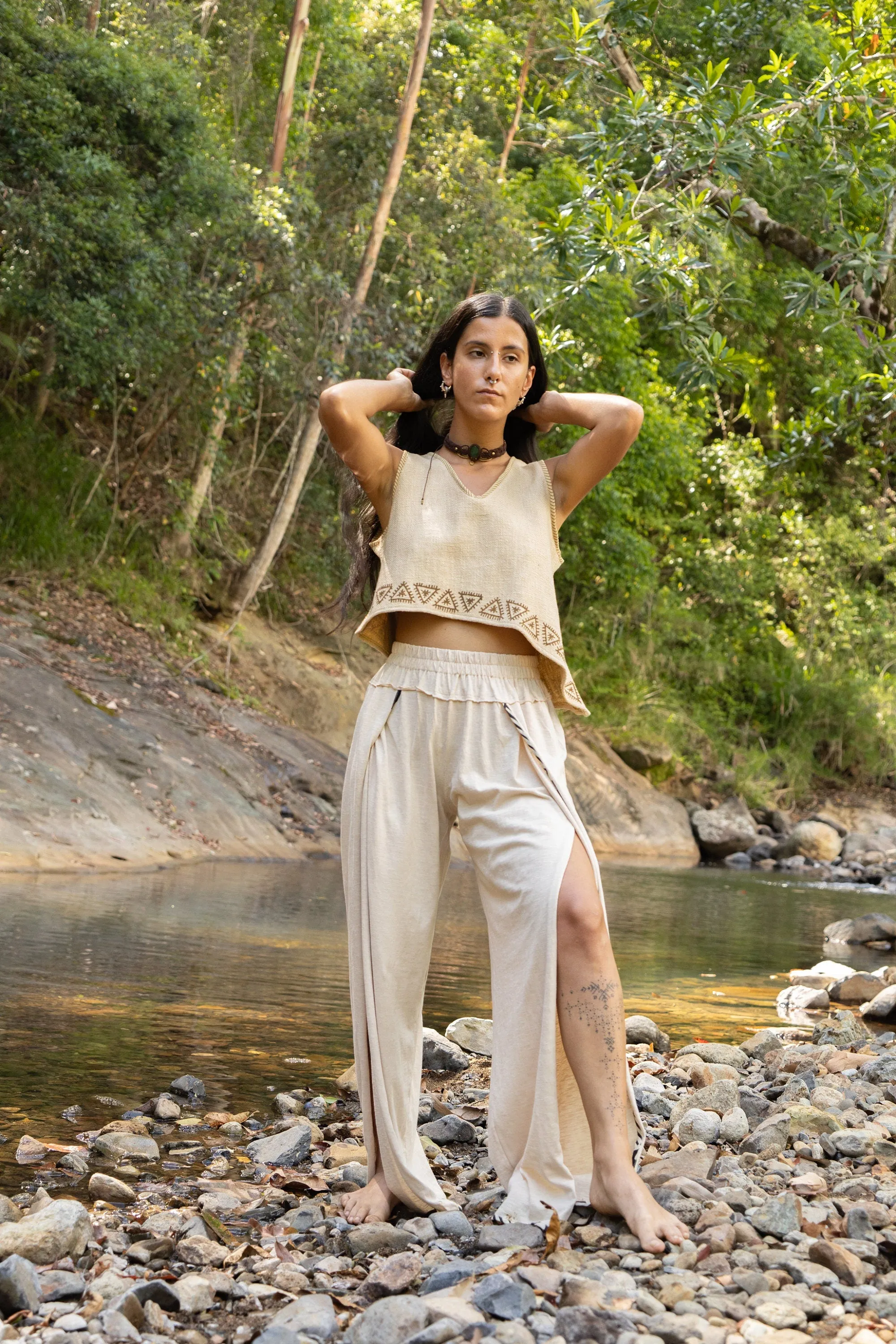 YANA Womens Pants Beige Slit Open Side, Goddess Belly Dance Natural Soft Cotton Flow Yoga Boho Pixie Fairy Tribal AJJAYA sold by Ajjaya product image thumbnail 5