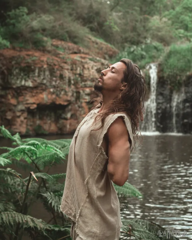 Mens Tank Top Handmade Beige Neo Gypsy Sleeveless Earthy Top Shirt, Tribal Jungle Natural Savage Neck Festival Rave AJJAYA Nomadic Primitive made by Ajjaya