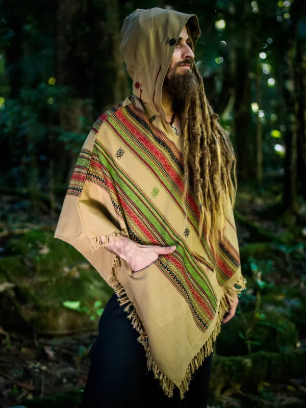 HODDI Handmade Desert Sand Poncho with Hood Earthy Tribal Pattern Festival AJJAYA Mens Wear Mexican Primitive sold by Ajjaya