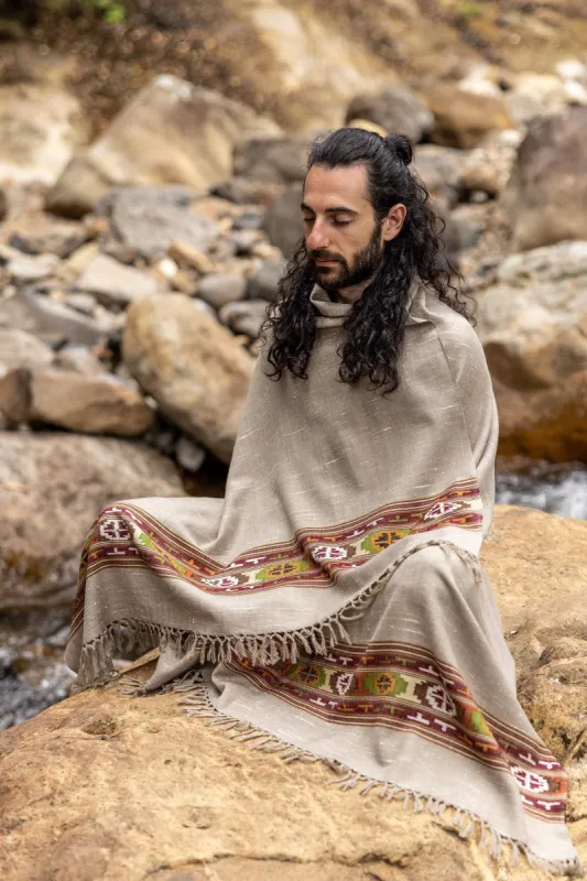 SATI Shawl Misty Grey Handwoven Wool Meditation Prayer Scarf Blanket Premium Pure Cashmere Winter Tribal Zen Embroidery Handmade AJJAYA sold by Ajjaya