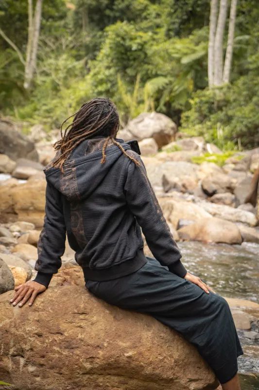 AYABO Jacket Black Hooded Thick Fleece Warm Zipped Jumper Pullover Shipibo Pattern Pockets Thumb Glove Festival Tribal Gypsy Ceremony AJJAYA sold by Ajjaya