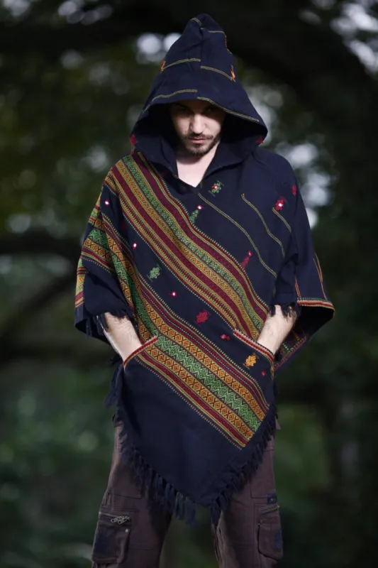 HODDI Handmade Black Poncho Cashmere and Acrylic Wool with Big Hood, Embroidery Tribal Pattern AJJAYA Festival Mens Winter Primitive Earth sold by Ajjaya