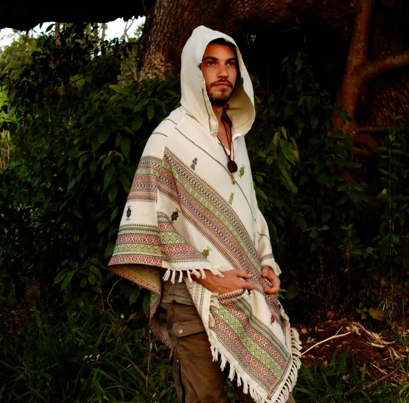 Mens White Poncho with Hood Cashmere Wool, Earthy Embroidered Tribal Pattern Festival Gypsy sold by Ajjaya