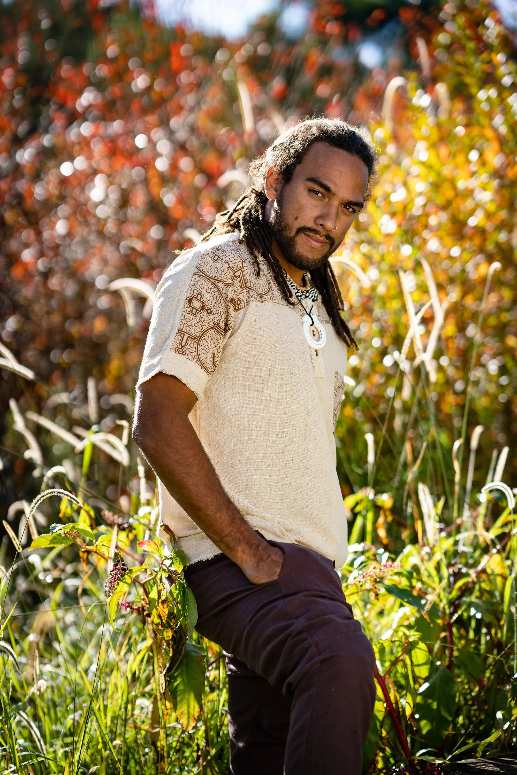 Mens ASURA Top Beige Brown Sacred Plant Shipibo Pattern Pocket T Shirt Shamanic Neo Tribal Gypsy Ritual Shaman Ethnic Handmade AJJAYA sold by Ajjaya product image thumbnail 4