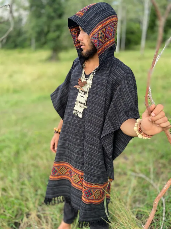 Mens Hooded Poncho Long Grey and Black Cashmere Wool with Tribal Embroidery, Large Hood, Pockets, Hippie, Primitive, Gypsy, Boho, AJJAYA sold by Ajjaya