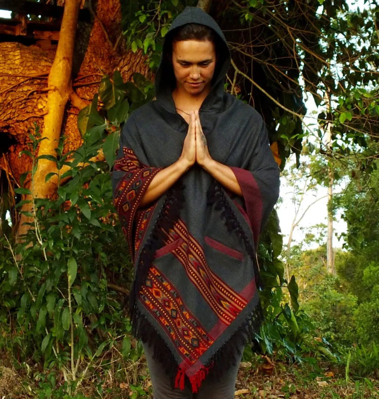 SAMADHI Handmade Embroidered Grey Poncho with Hood Earthy Tribal Alternative Pattern Festival Gypsy AJJAYA sold by Ajjaya