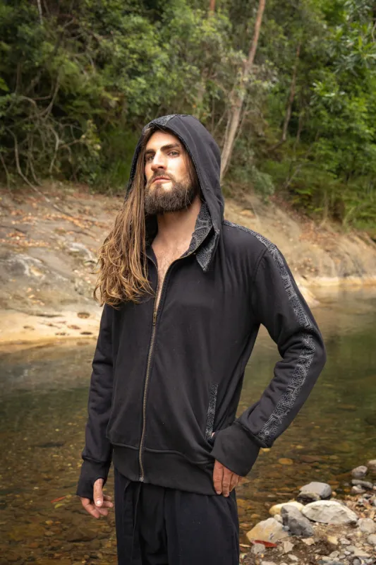 AYABO Black Hooded Jacket Thick Fleece Warm Zipped Jumper Pullover Shipibo Pattern Pockets Thumb Glove Festival Tribal Gypsy Ceremony AJJAYA sold by Ajjaya