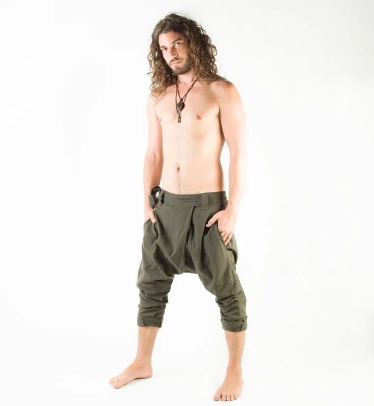 Mens Pants Green Afghani Harem Drop Crotch, Primitive Handmade Comfortable Yoga Gypsy Boho Alibaba Aladdin Festival Goa two Pockets AJJAYA sold by Ajjaya