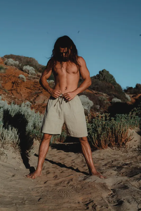 YUGINI Beige Short Pants Loose Comfortable Mens Shorts with Pockets Natural Cotton Plant Dyed Yoga Workout Ninja Gypsy Festival Gym AJJAYA sold by Ajjaya