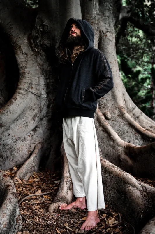 AYABO Black Jacket Hooded Thick Fleece Warm Zipped Jumper Pullover Shipibo Pattern Pockets Thumb Glove Festival Tribal Gypsy Ceremony AJJAYA sold by Ajjaya