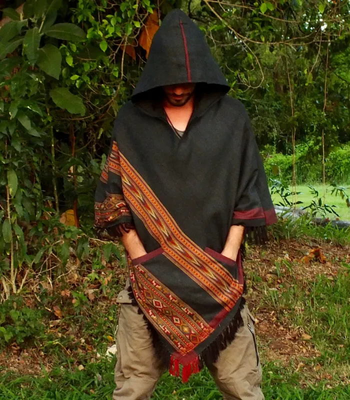 SAMADHI Handmade Grey Poncho with Hoodie Earthy Tribal Pattern Festival Gypsy AJJAYA Mens Natural Shamanic sold by Ajjaya