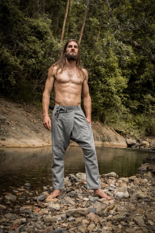 Mens Grey Cotton Pants Drop Crotch Harem Alibaba Yoga Comfortable Breathable One Size Loose Fit Festival Boho Hippie Natural Earthy AJJAYA sold by Ajjaya