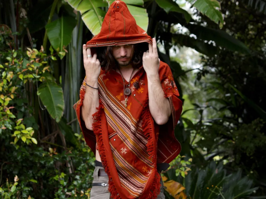 HODDI Handmade Poncho with Hoodie Orange Cashmere and Acrylic Wool Earthy Tribal Pattern Festival Gypsy AJJAYA Mens Shaman Primitive Natural sold by Ajjaya