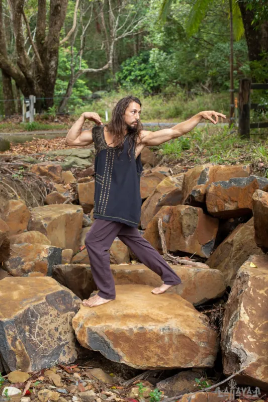 MUKTI Black Mens Sleeveless Tank Top Shipibo and Block Print combo on cotton gypsy festival shirt ethnic eclectic Tribal breathable AJJAYA sold by Ajjaya