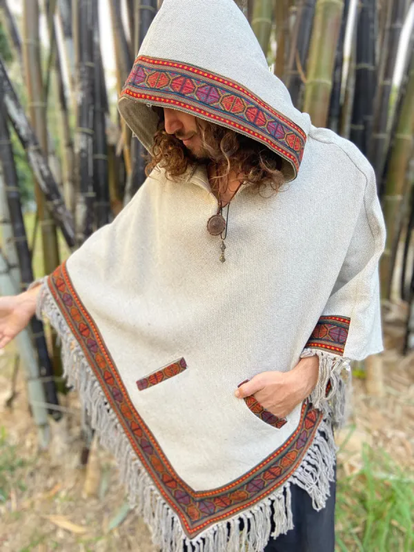 Mens Hooded Poncho Pixie Beige Vegan Cotton Handwoven Pockets Gypsy Boho Festival Hood Tribal Embroidery Elvish Native Mexican AJJAYA sold by Ajjaya