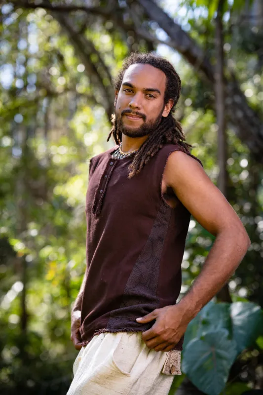 Mens Tank Top Neo SHIPIBO Black  Gypsy Sleeveless Earthy T Shirt, Open Neck Tribal Jungle Primitive Festival Rave AJJAYA Nomadic Primitive made by Ajjaya