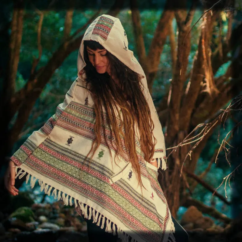 HODDI Beige Handmade Poncho with Hood, Earthy Tribal Pattern Festival Gypsy AJJAYA Boho Primitive Mexican pockets sold by Ajjaya