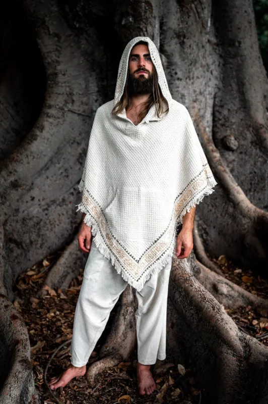 VECHO Beige Mens Hooded Vegan Poncho Textured Cotton with Hood Block Printed Tribal Pattern Gypsy Festival Boho ceremony ritual AJJAYA sold by Ajjaya