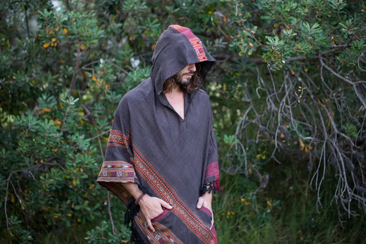 SAMADHI Mens Poncho Grey Yak Wool and Acrylic Wool Blend with Large Hood and Pockets Tribal Embroidered Gypsy Festival Mexican Boho AJJAYA sold by Ajjaya