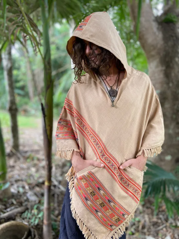 SAMADHI Chai Brown Mens Poncho Yak Wool and Acrylic Wool Blend Handmade Large Hood pockets Earthy Tribal Pattern Festival Mexican AJJAYA sold by Ajjaya