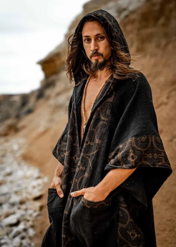 AYAWA Kimono Hooded Black Icaro Cape Poncho Robe Shipibo Sacred Patterns Ceremony Ritual Shaman Tribal Shawl Viking Festival Wrap AJJAYA sold by Ajjaya