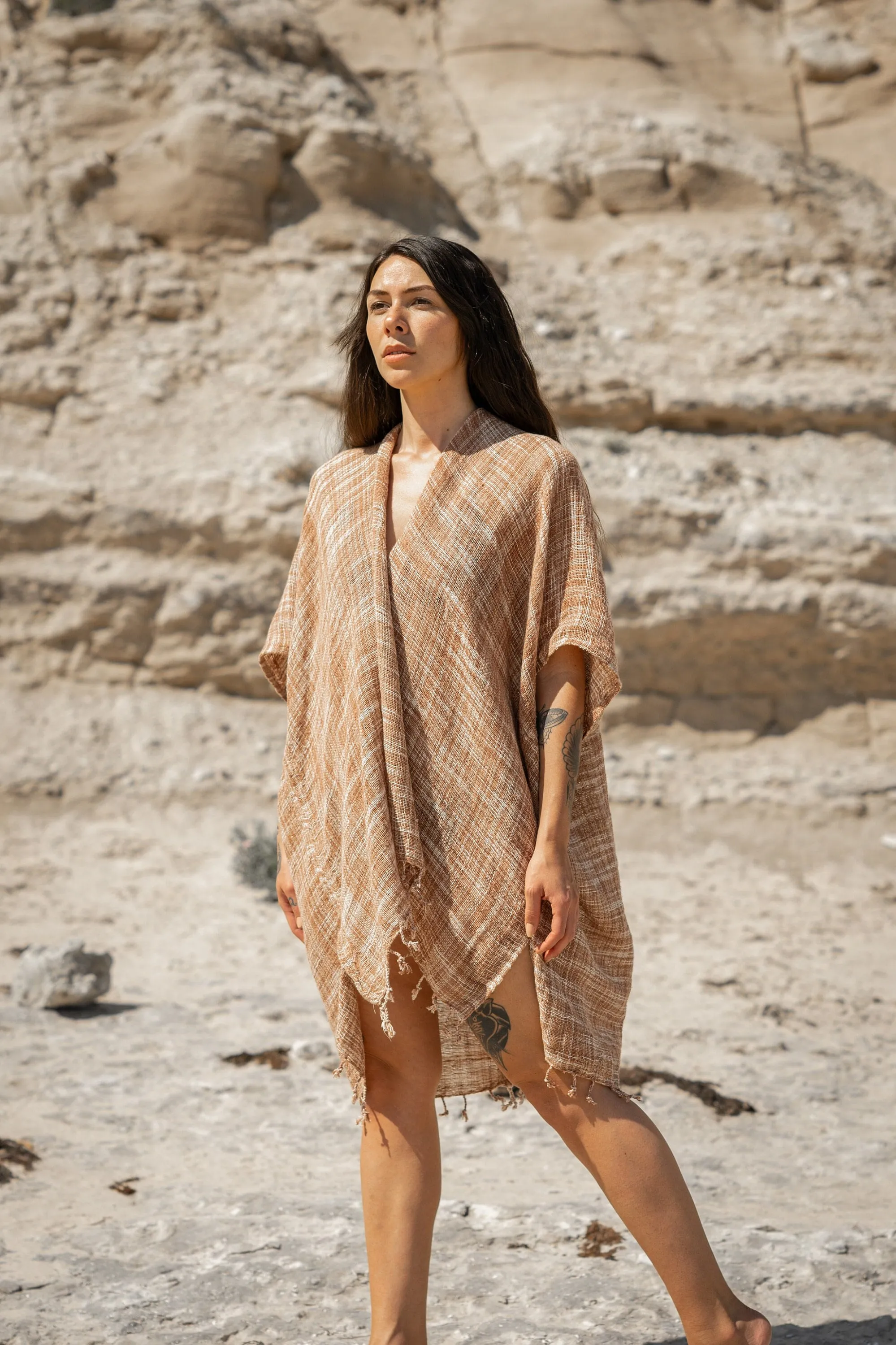 THEA Kimono Scarf Shawl Wrap Robe Bundle Set Rustic Orange Beach Festival Natural Netted Cotton See Through Soft Free Flow Boho AJJAYA sold by Ajjaya