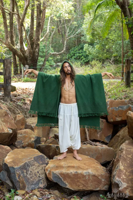 ANAGAMI Dark Green Hooded Kimono Cape Poncho Robe Block Printed Natural Dyed Ceremony Ritual Shaman Tribal Alchemy Sacred Shawl Wrap AJJAYA sold by Ajjaya