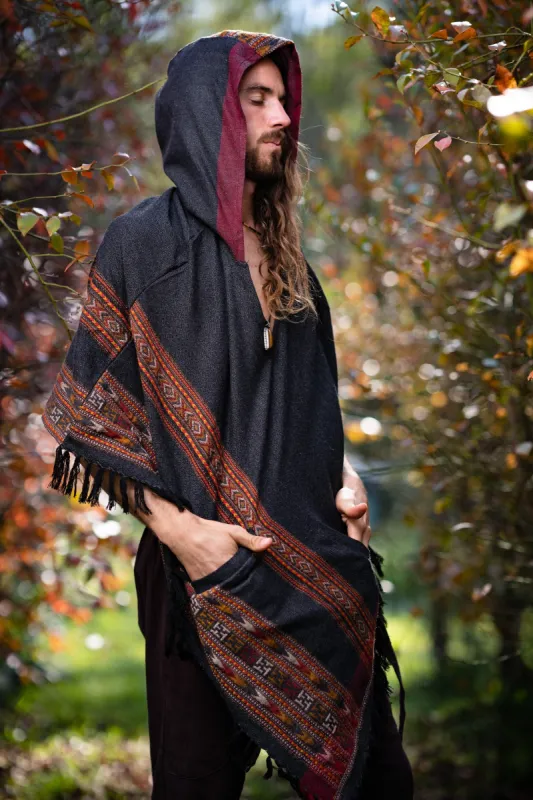 SAMADHI Mens Hooded Poncho Large HoodDark Grey Tribal Embroidery Celtic Boho Festival Rave Mexican AJJAYA sold by Ajjaya