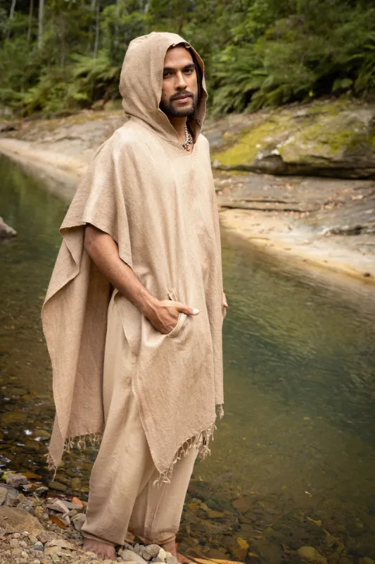SAHAJI Poncho Brown Pure Cashmere Wool Hooded Mens Long with Pockets Handmade Handwoven Viking Festival Ceremony Gypsy Boho Mexican AJJAYA sold by Ajjaya
