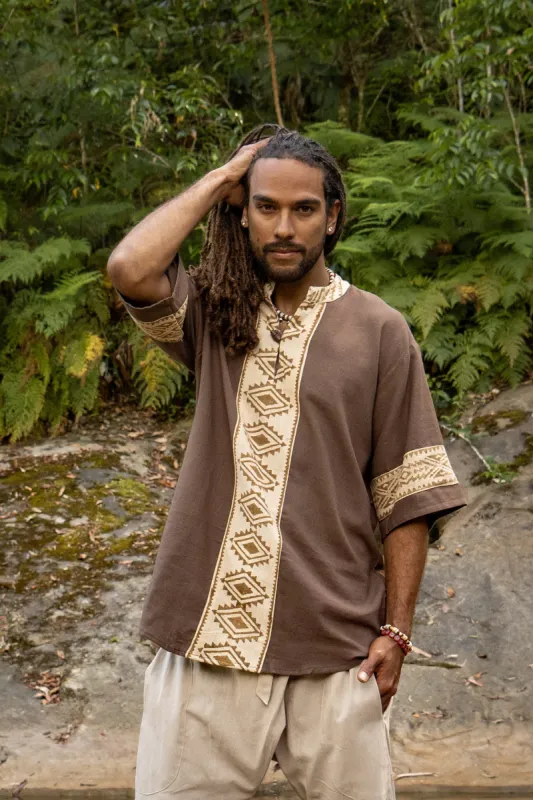 MAHADI Mens Brown Shamanic Top Ceremony Shirt Natural Cotton Block Printed Tribal Patterns Ritual Festival Boho Wedding Best Man AJJAYA sold by Ajjaya