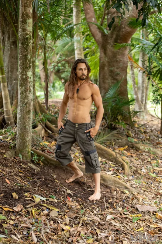 DAKRU Cargo Pants Green Mens Shorts Below Knee Tactical Functional Many Pockets Festival Tribal Nomadic Rave Steampunk Short Trousers AJJAYA sold by Ajjaya