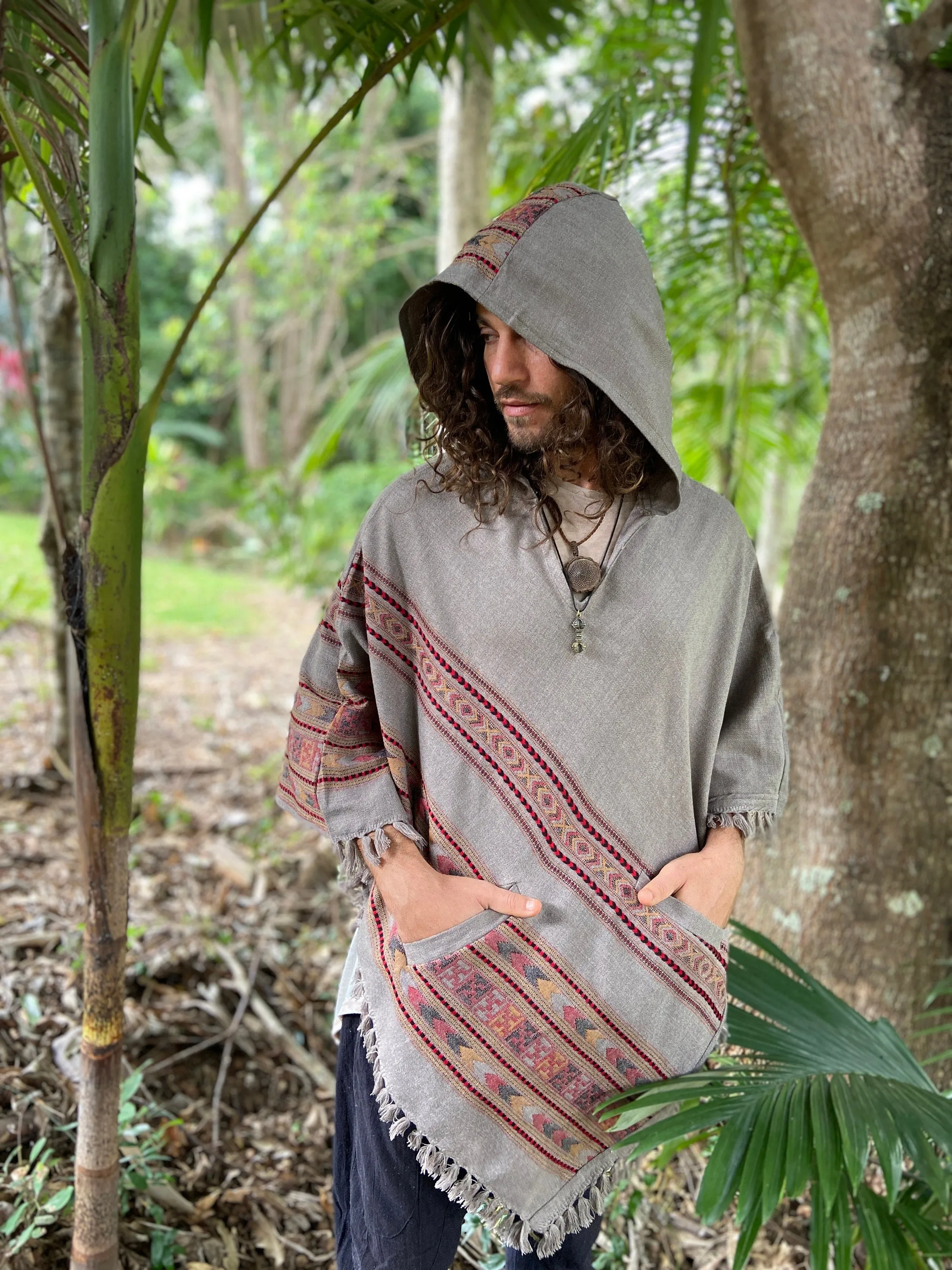 SAMADHI Rhino Grey Mens Poncho Yak Wool Handmade Large Hood and pockets, Earthy Tribal Pattern Festival Gypsy AJJAYA Mexican Primitive Nomad sold by Ajjaya product image thumbnail 3