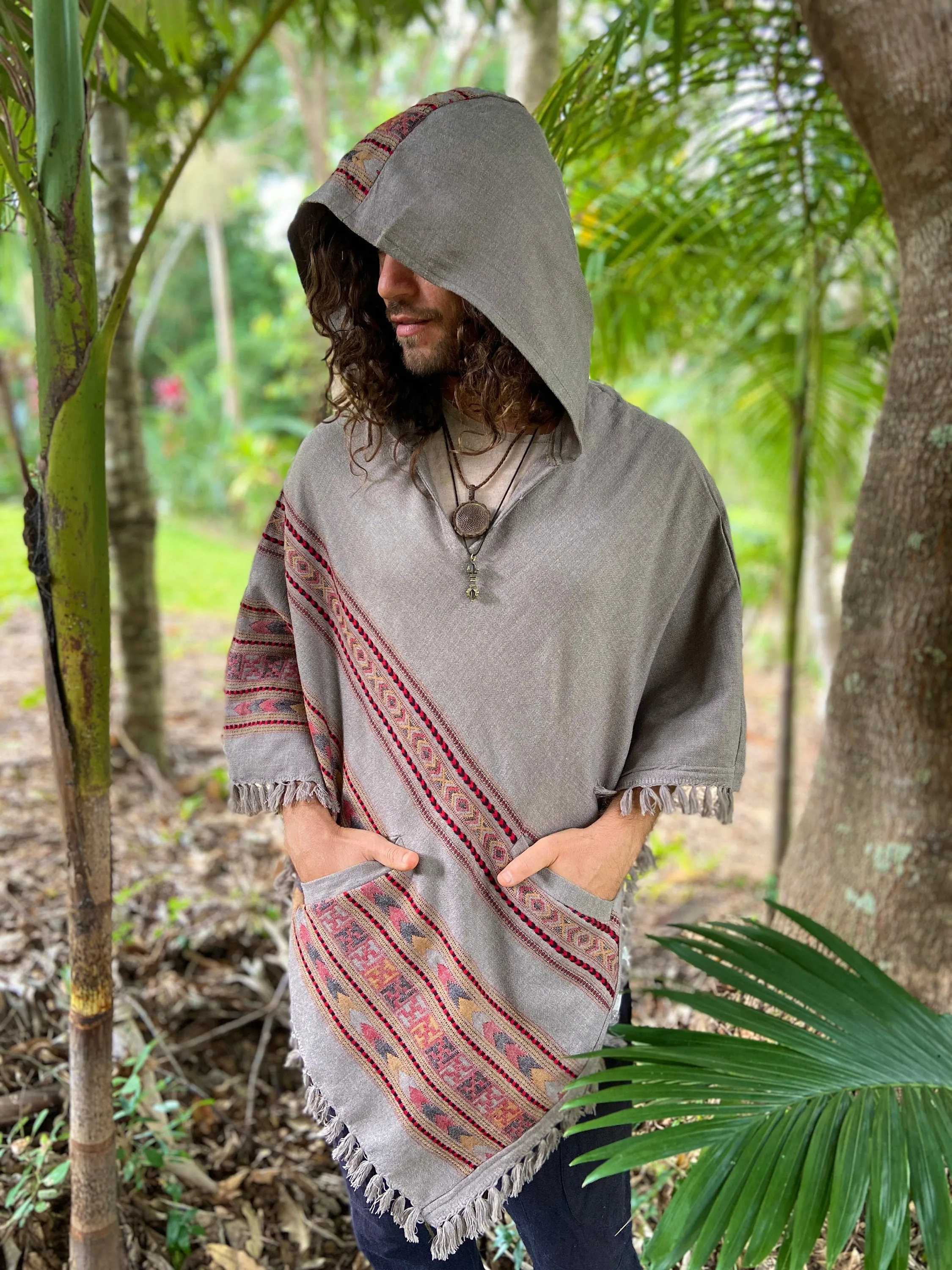 SAMADHI Rhino Grey Mens Poncho Yak Wool Handmade Large Hood and pockets, Earthy Tribal Pattern Festival Gypsy AJJAYA Mexican Primitive Nomad sold by Ajjaya product image thumbnail 4