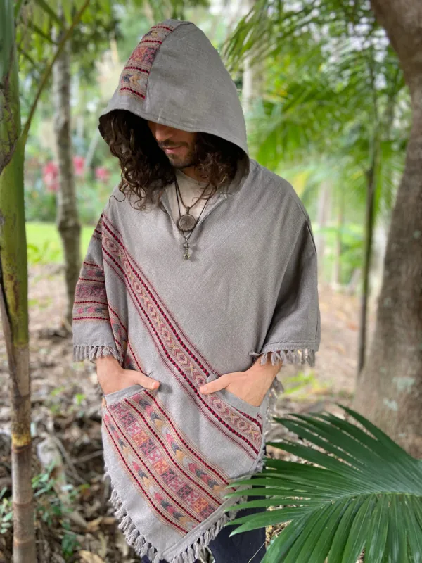 SAMADHI Rhino Grey Mens Poncho Yak Wool Handmade Large Hood and pockets, Earthy Tribal Pattern Festival Gypsy AJJAYA Mexican Primitive Nomad sold by Ajjaya