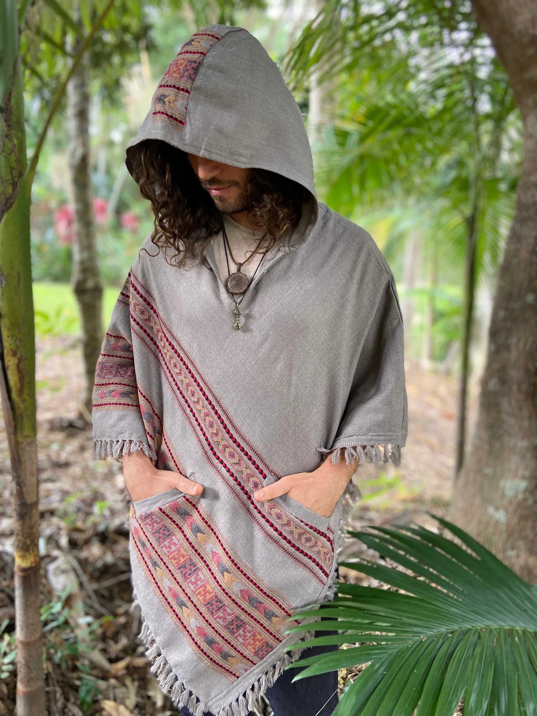 SAMADHI Rhino Grey Mens Poncho Yak Wool Handmade Large Hood and pockets, Earthy Tribal Pattern Festival Gypsy AJJAYA Mexican Primitive Nomad sold by Ajjaya