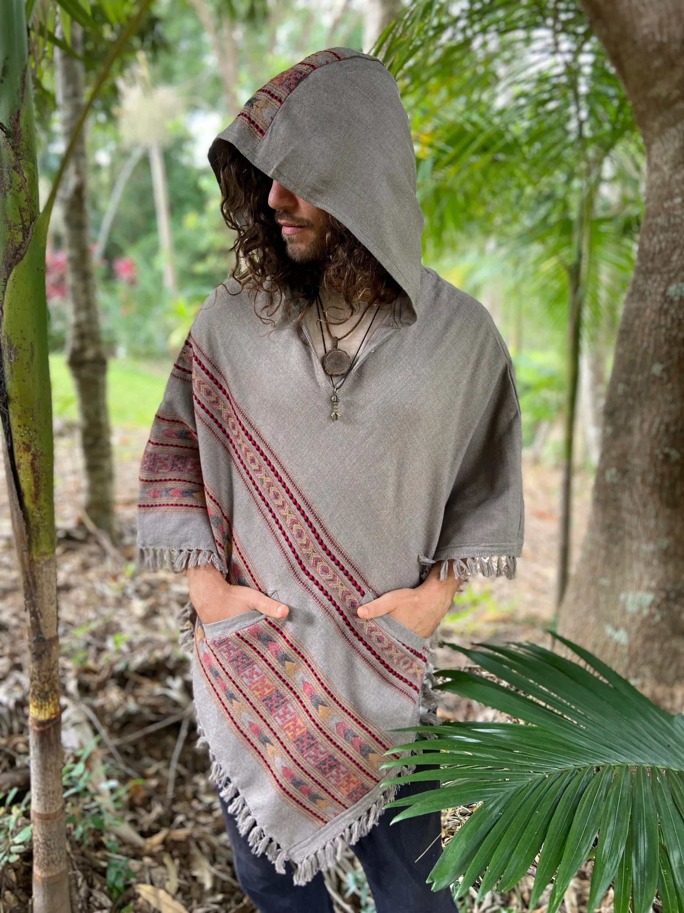 SAMADHI Rhino Grey Mens Poncho Yak Wool Handmade Large Hood and pockets, Earthy Tribal Pattern Festival Gypsy AJJAYA Mexican Primitive Nomad sold by Ajjaya product image thumbnail 5