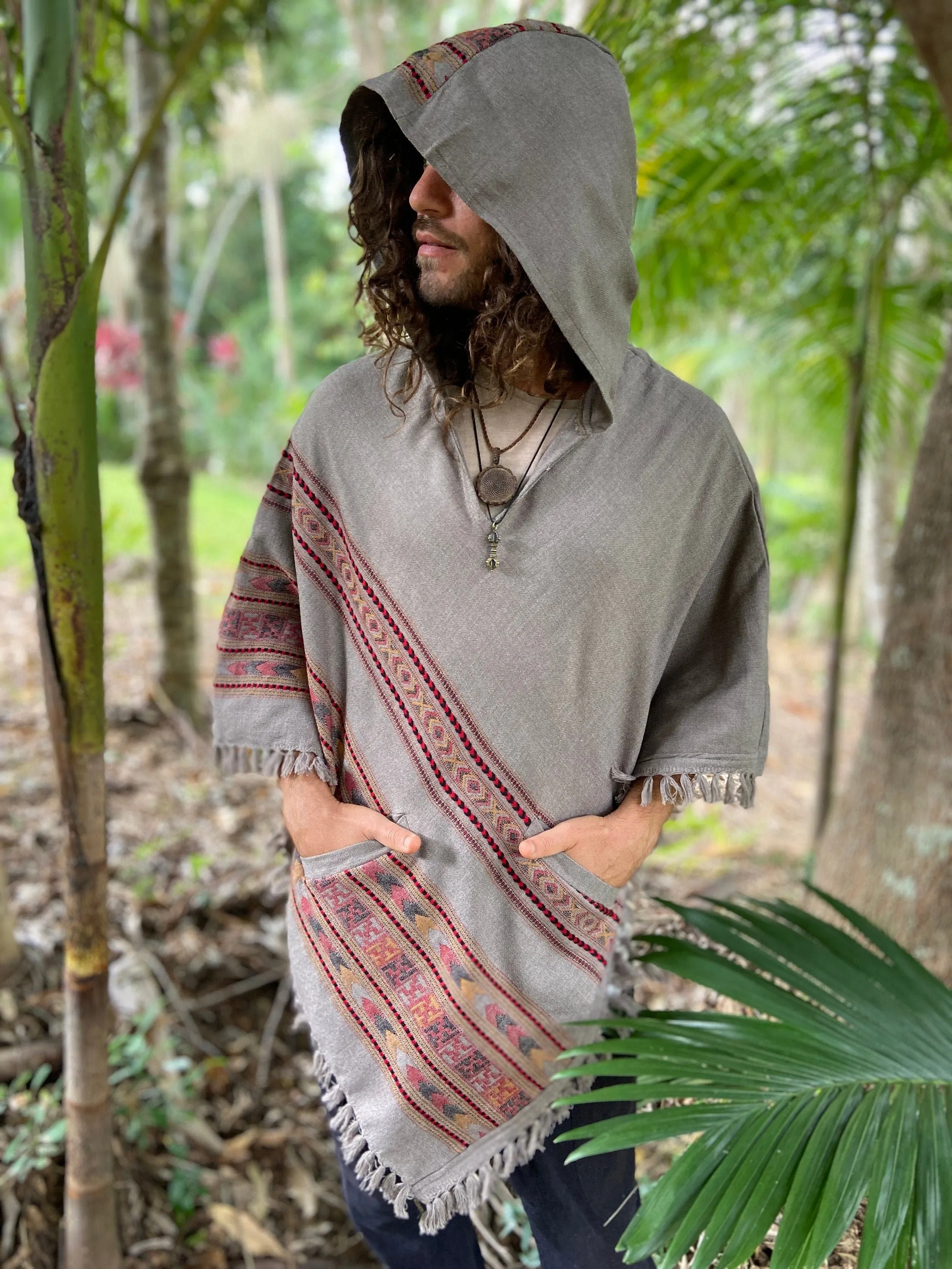 SAMADHI Rhino Grey Mens Poncho Yak Wool Handmade Large Hood and pockets, Earthy Tribal Pattern Festival Gypsy AJJAYA Mexican Primitive Nomad sold by Ajjaya product image thumbnail 2