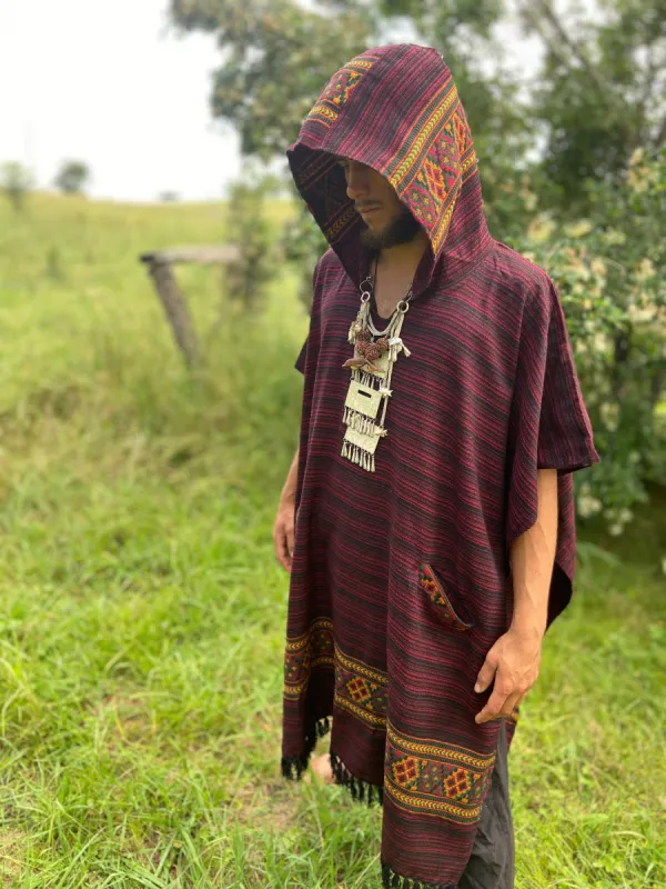 JHANA Mens Hooded Poncho Long Red Crimson YAK and Acrylic Wool with Tribal Embroidery, Hood, Pockets, Hippie, Primitive Mexican, AJJAYA sold by Ajjaya