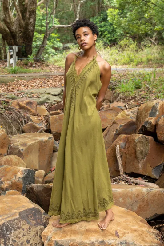 SELENA Long Dress Goddess Olive Green Maxi Open Back Cotton Festival Boho Naturally Dyed Block Printed Tribal Hippie Patterns Earthy AJJAYA made by Ajjaya