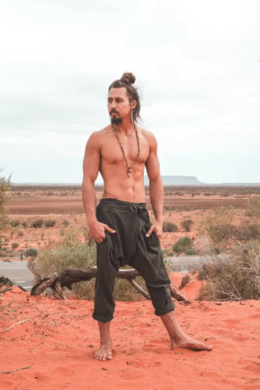 Mens Cotton Pants Green Drop Crotch Harem Alibaba Yoga Comfortable Breathable One Size Loose Fit Festival Boho Hippie Natural Earthy AJJAYA sold by Ajjaya